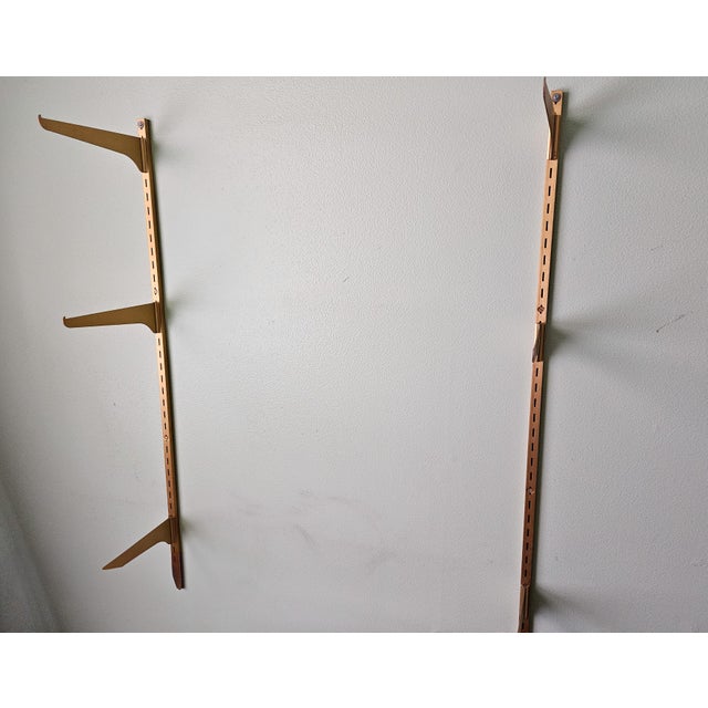 1970s Vintage 1970s Three Tier Open Hardwood Wall Mount Shelves W Adjustable Bracket Brass Rails For Sale - Image 5 of 10