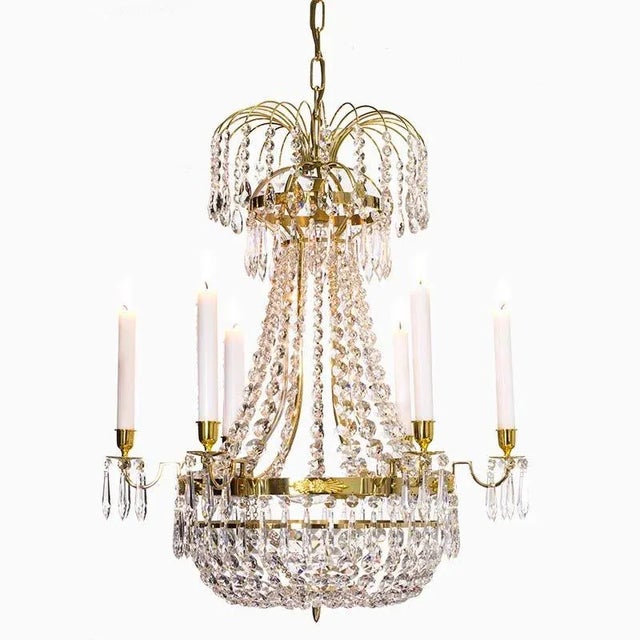 Traditional Empire Style Polished Brass 6 Arm Chandelier With Crystal Octagons For Sale - Image 3 of 8