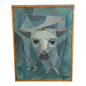 Mid Century Oil Painting George Constant Art Abstract Bull Original Blue