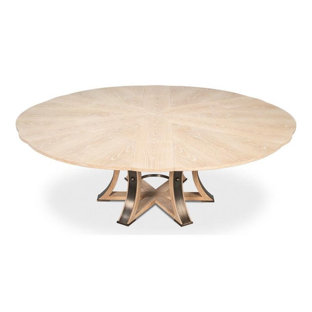 Rustic Transitional Round Dining Table, Large - Bleached Oak With Hammered Iron Base For Sale - Image 3 of 11