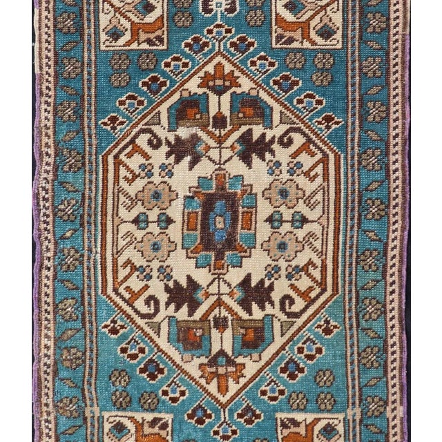 Mid 20th Century Vintage Turkish Oushak Rug in Teal Color With Geometric Medallion Design For Sale - Image 5 of 8