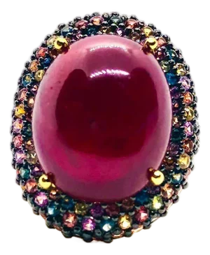 Bochic “Orient” Vintage Ruby & Fancy Multi Color Gems Cocktail Ring 18K Gold & S