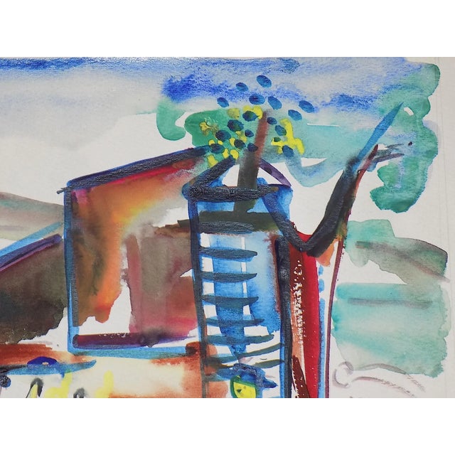 Vintage Original Mid 20th Century Listed Wpa Artist Signed Expressionist Farm Landscape Watercolor For Sale - Image 4 of 7