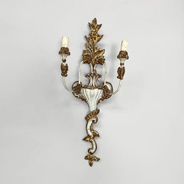 Wood Italian Two-Light Wall Lamps in Wood with Gold Finish, 1700s, Set of 2 For Sale - Image 7 of 18