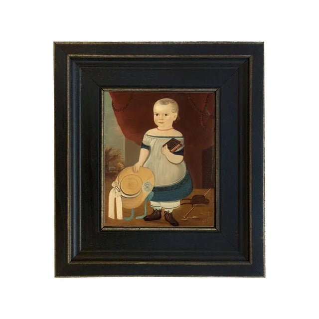 "Primitive Child With Straw Hat" Framed Print on Canvas in Distressed Black Wood Frame For Sale - Image 4 of 4