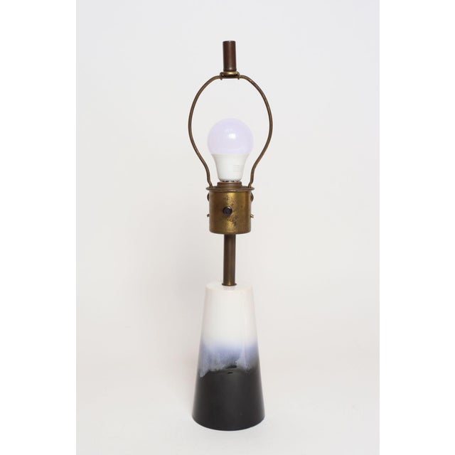 Vintage Atomic Aladdin Matte Blue and White Glazed Ceramic Table Lamp With Shade For Sale In New York - Image 6 of 18