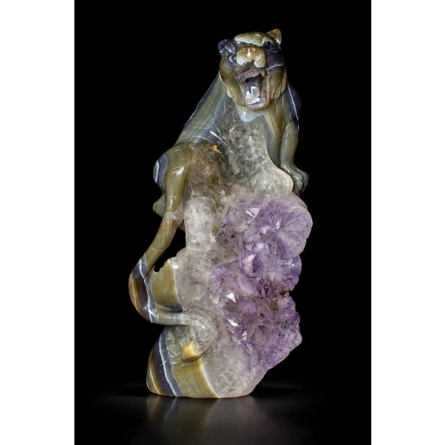 Mid 20th Century Hand-Carved Gemstone Tiger Agate on Amethyst Rock For Sale - Image 5 of 13