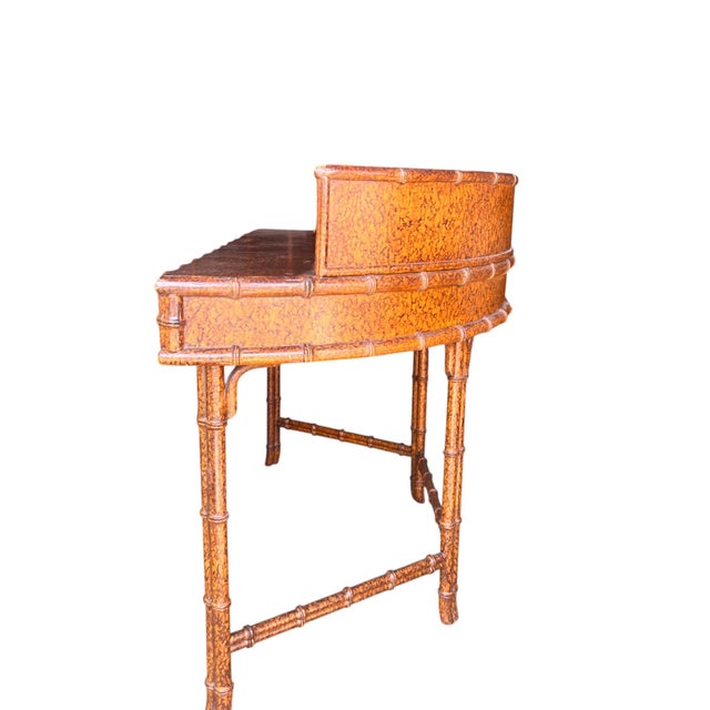 Vintage Faux Bamboo Tortoise Finish Rattan-Style Writing Desk With Gallery Back and Storage Drawers For Sale - Image 9 of 15