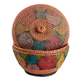 Antique Fruit-Painted Basket With Lid For Sale
