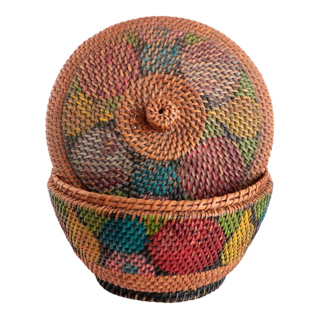 Antique Fruit-Painted Basket With Lid For Sale