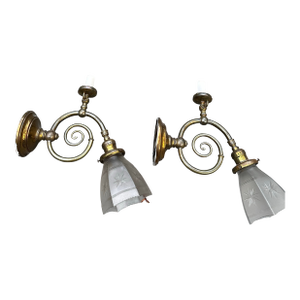 Pair of Vintage Gas Electric Sconces With Vintage Shades