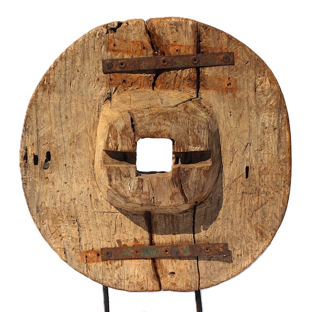 Chinese Antique Chinese Wooden Cart Wheel For Sale - Image 3 of 3