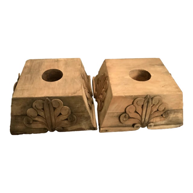 Antique Square Handcarved Colum Base Repurposed as Candle Holders- a Pair For Sale