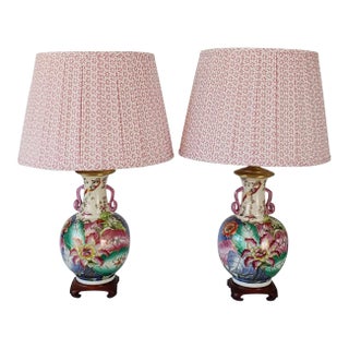 Vintage Tobacco Leaf Lamps With Pink Pleated Shades - a Pair For Sale