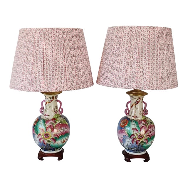 Vintage Tobacco Leaf Lamps With Pink Pleated Shades - a Pair For Sale