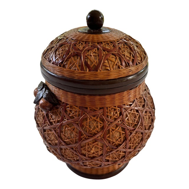 Vintage Chinese Woven Ginger Jar With Wood Elements For Sale