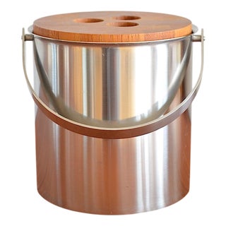 Mid-Century Cylinda Line Ice Bucket in Steel and Teak by Arne Jacobsen for Stelton, 1960s For Sale
