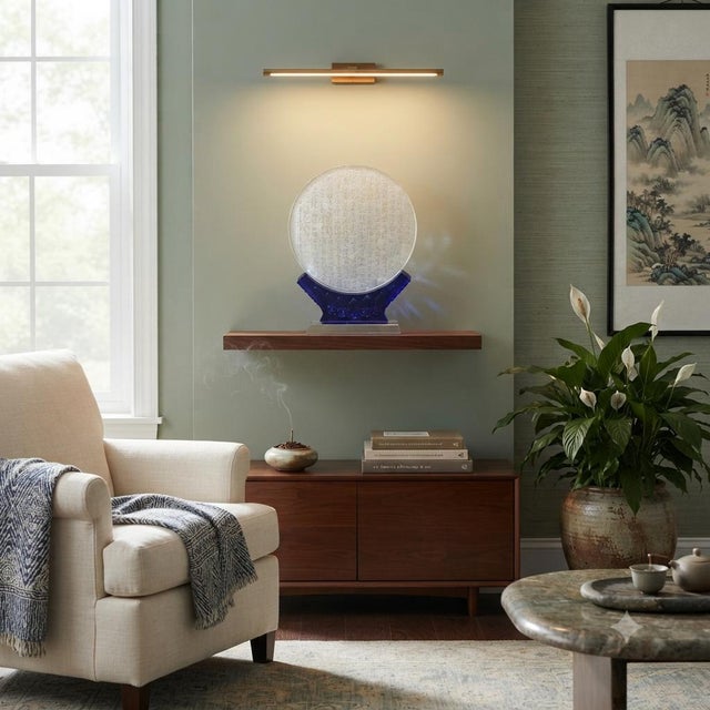 Glass Round Shape White Crystal Glass Heart Sutra Engraved Display Figure For Sale - Image 7 of 8