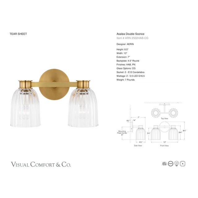 2020s AERIN for Visual Comfort Signature Asalea Double Sconce in Hand-Rubbed Antique Brass with Clear Glass For Sale - Image 5 of 7