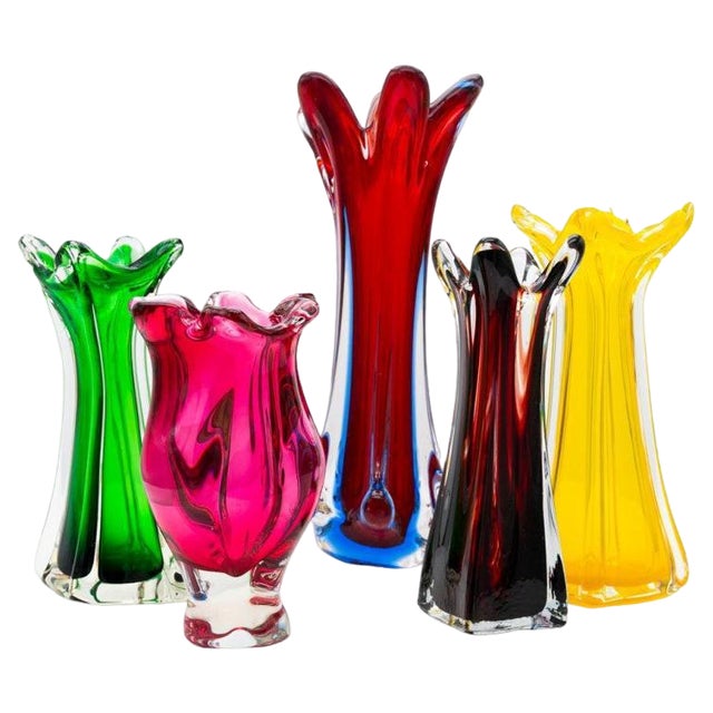 Murano Multi-Coloured Glass Vases, Italy, 1970s, Set of 5 For Sale
