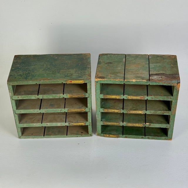 Vintage Pair of Salvaged Workshop Slotted Wood Shelving Units in Green Paint & Brass Labels For Sale - Image 4 of 8