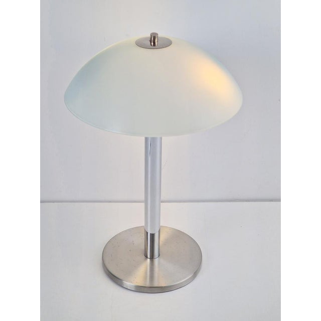 Mid-Century Mushroom Table Lamp in Sandblasted Glass, Stainless Steel & Chrome, 1960s For Sale - Image 4 of 8