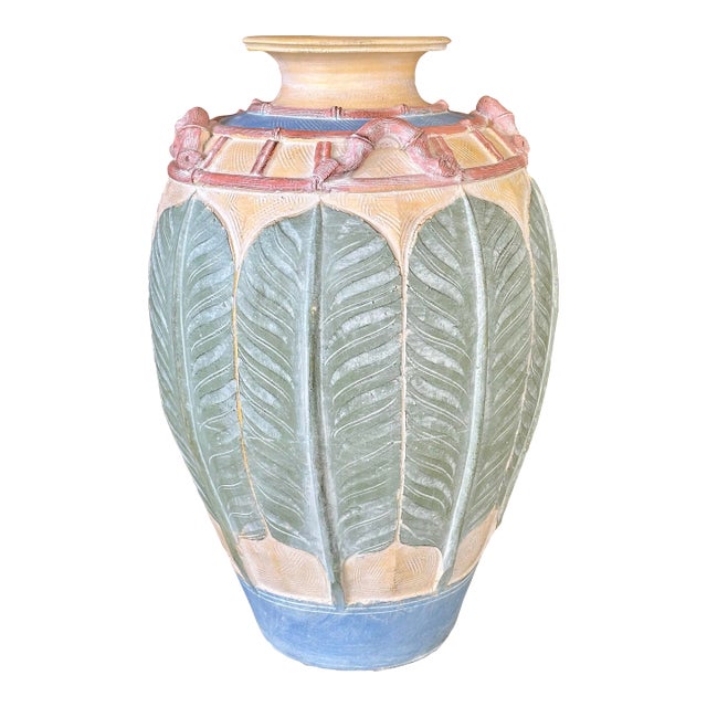 Vintage Coastal Monumental Cast Plaster Sculpted Palm Leaf Floor Vase For Sale
