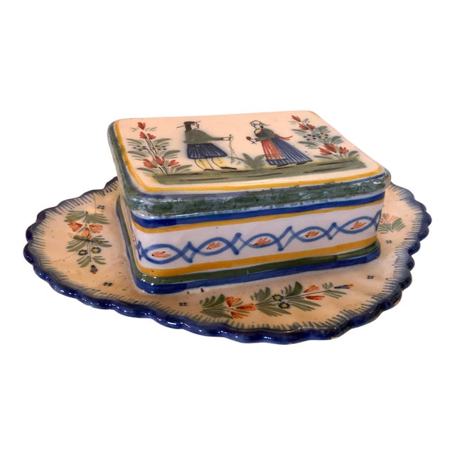 Antique French Quimper Sardine Box With Staple Repair For Sale