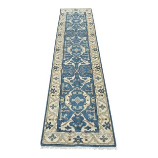 Oushak Runner 2’7” X 10′ Blue Wool Tribal Hand-Knotted Oriental Rug For Sale