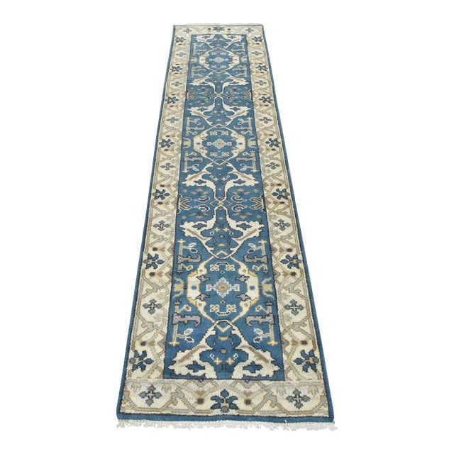 Oushak Runner 2’7” X 10′ Blue Wool Tribal Hand-Knotted Oriental Rug For Sale