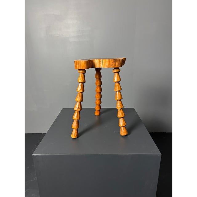 Mid-Century Brutalist French Artisanal Handmade Wood Turned Tripod Stool, 1960s For Sale - Image 13 of 17