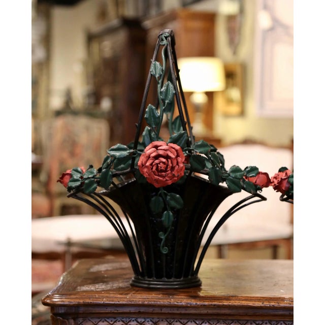 Mid 20th Century Vintage French Painted Metal Hanging Baskets With Floral and Leaf Decor - a Pair For Sale In Dallas - Image 6 of 13