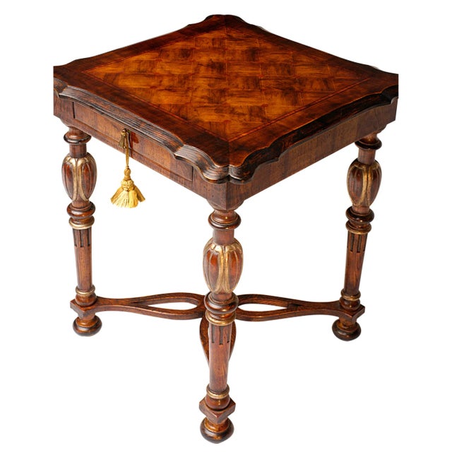 The walnut marquetry in this handsome square lamp table exudes a richness and warmth. Hand planed and inlaid woods are...