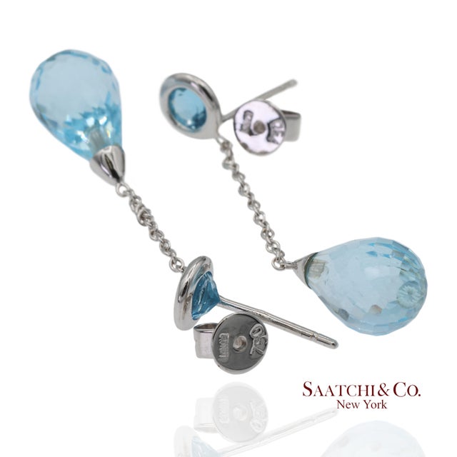 18k 750 Solid White Gold Blue Topaz Drop Earrings, Pair For Sale - Image 9 of 12