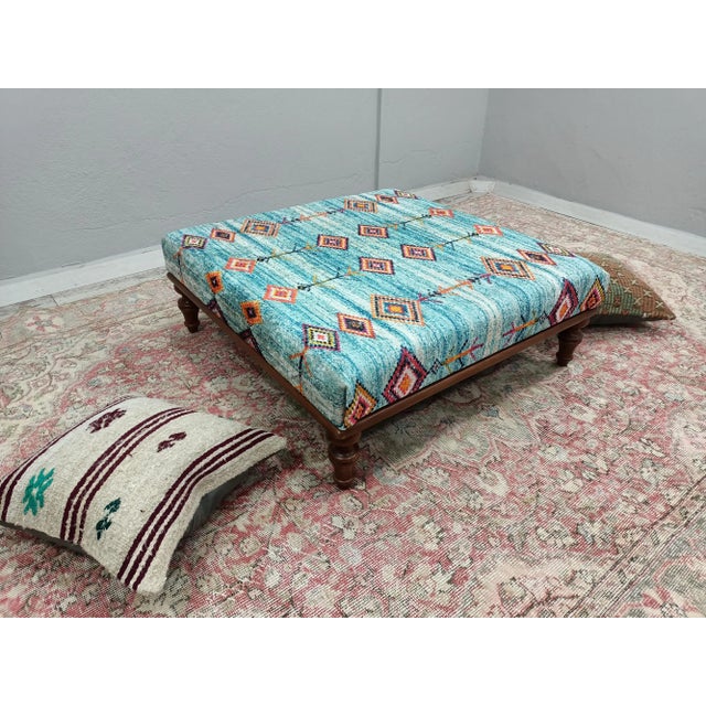Blue Rug Print Fabric Upholstered Soft Top Square Coffee Table Ottoman For Sale - Image 4 of 8