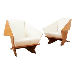 Taliesin Origami Chairs in Cherrywood and Fabric Upholstery by Frank Lloyd Wright for Cassina, 1986, Set of 2 For Sale