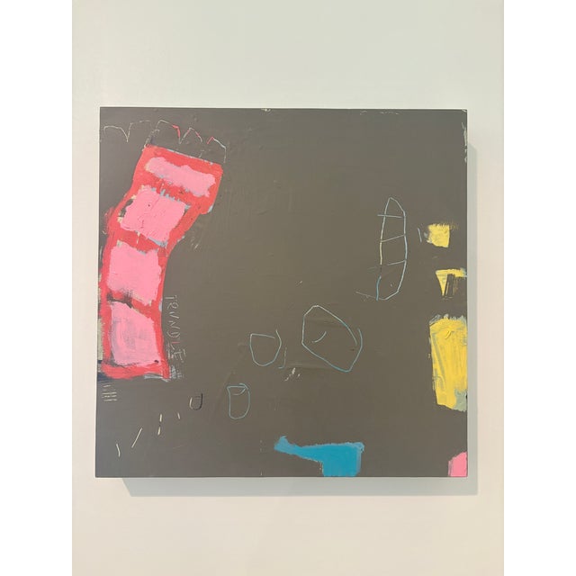 Acrylic on cradled wood panel, 12 x 12 x 1.5. Edges painted the same chocolate/ grey/ mink color as the background. Back...