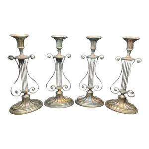 Set of Four Antique Victorian Neoclassical Revival Lyre-Shaped Candlestick Holders Silver Plate, Sheffield
