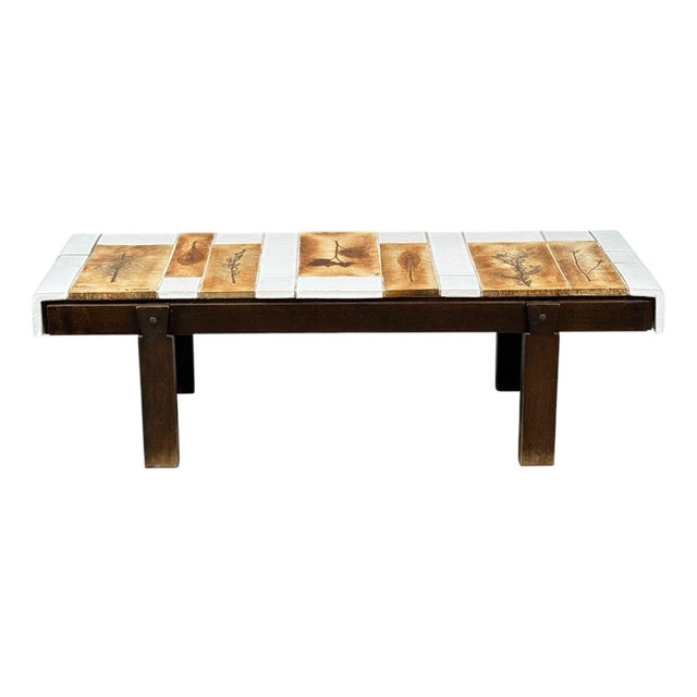 Roger Capron, Low Coffee Table, Tile, Stained Wood, France, 1970s For Sale