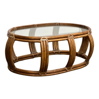 Vintage McGuire Furniture Bamboo + Glass Oval Coffee Table For Sale