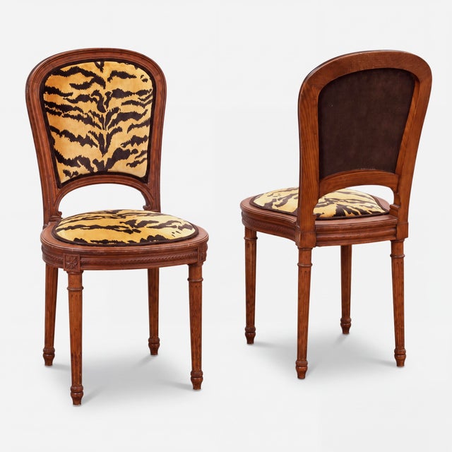 French Set of 6 French Louis XVI Style Fruitwood Dining Chairs Scalamndre Tiger Velvet For Sale - Image 3 of 8