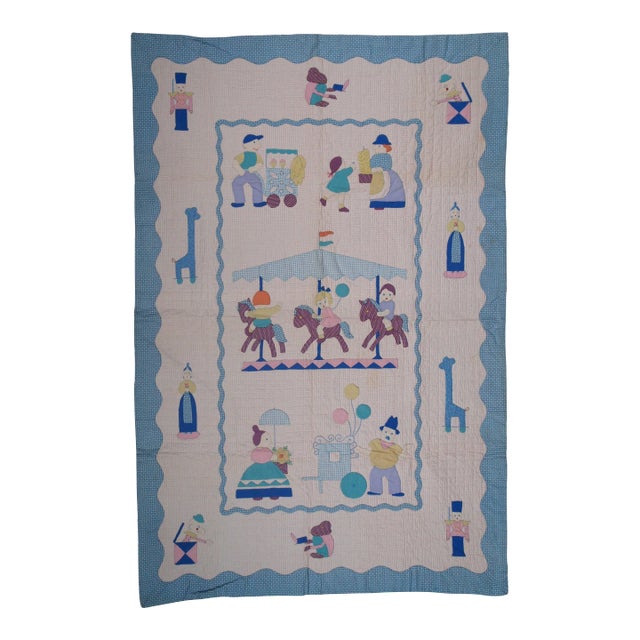 1960s Vintage Merry Go Round Crib Quilt Applique Cotton Childrens Toddler For Sale