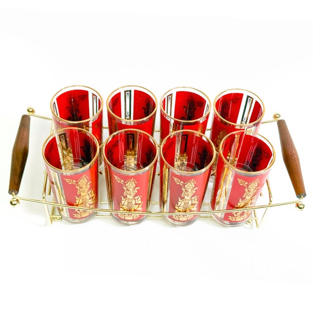 Mid-Century Modern Vintage Mid Century Culver Glass Red & 22k Gold Thai Goddess Highball With Caddy Barware Set - 9 Pieces For Sale - Image 3 of 3