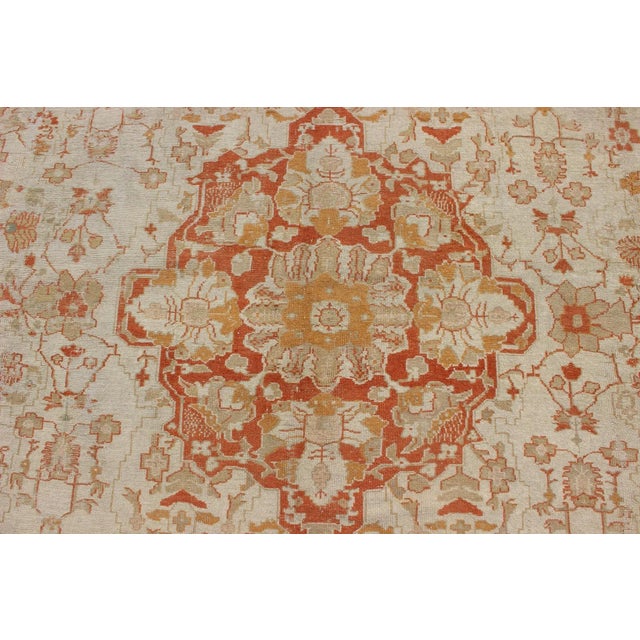 Cream Antique Turkish Floral Oushak Rug in Cream, Rust Red, Orange and Green For Sale - Image 8 of 12