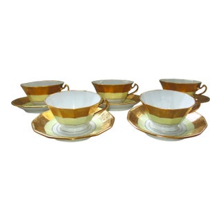 Antique Schlaggenwald H&c Czech Heavy Gold & Yellow Porcelain Tea Cups Set- 10 Pieces For Sale