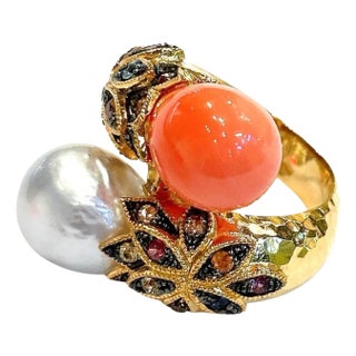 Bochic “Orient” Baroque Pearl & Multi Sapphires Ring Set In 18K Gold & Silver For Sale