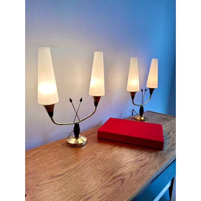 Metal Vintage Table Lamps in Brass and Opaline, 1950s, Set of 2 For Sale - Image 7 of 13