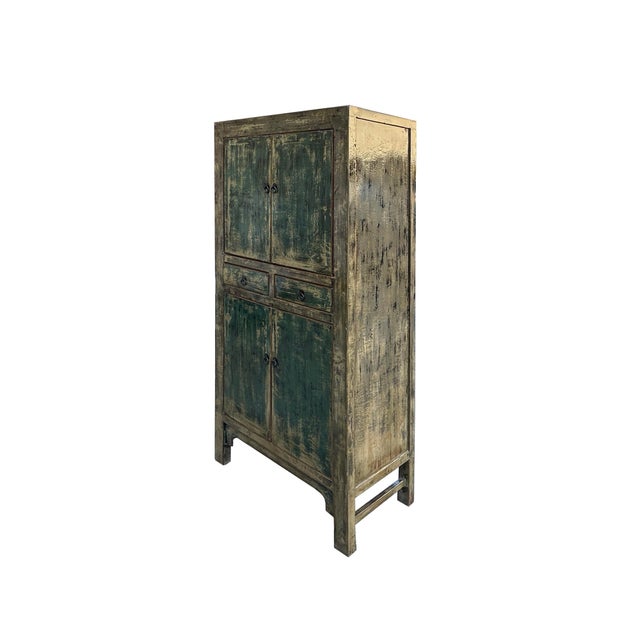 1990s Distressed Olive Green Rim Teal Blue Doors Storage Cabinet For Sale - Image 5 of 5