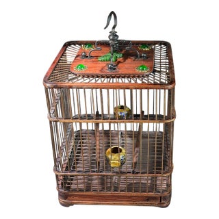 Antique Rosewood Birdcage With Gemstone Inlay and Porcelain Feeders For Sale