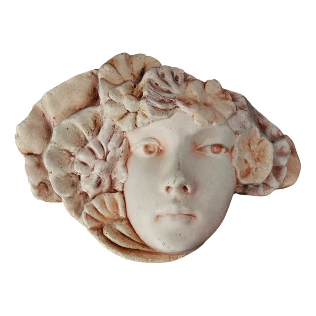 Art Nouveau Style Pink Plaster Wall Mask with Woman's Face and Flowers, 1970s For Sale